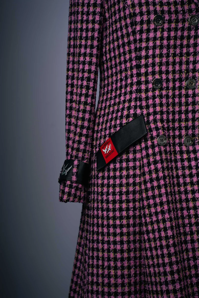 Wollmantel für Damen in Pink-Schwarz mit Hahnentritt-Muster