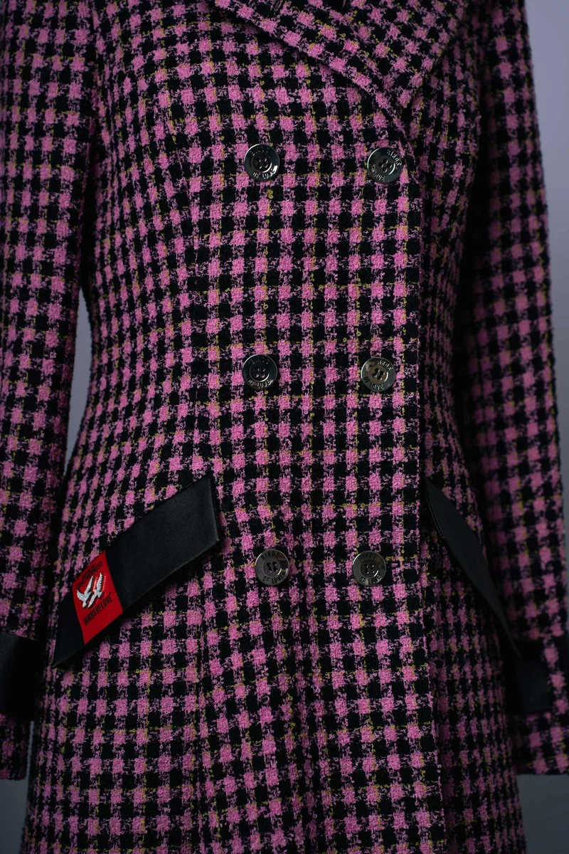 Wollmantel für Damen in Pink-Schwarz mit Hahnentritt-Muster