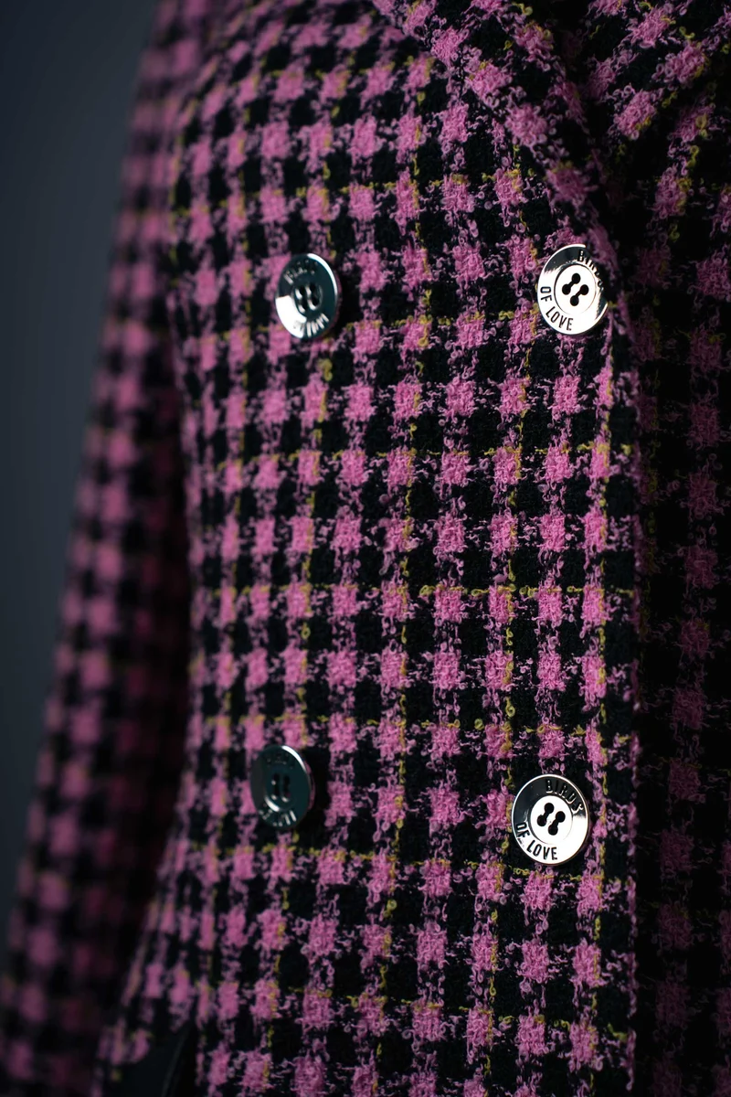 Wollmantel für Damen in Pink-Schwarz mit Hahnentritt-Muster