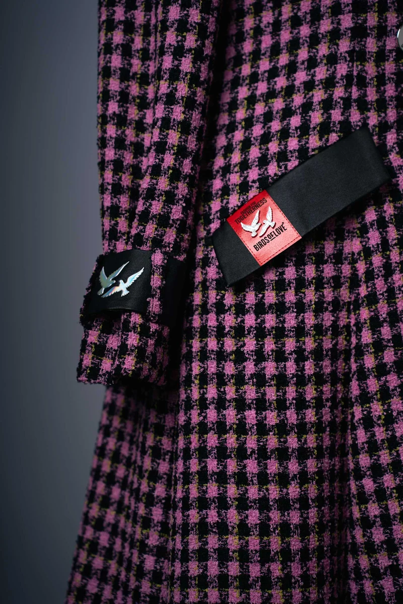 Wollmantel für Damen in Pink-Schwarz mit Hahnentritt-Muster