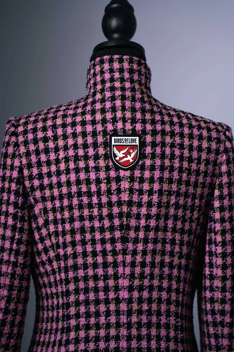 Wollmantel für Damen in Pink-Schwarz mit Hahnentritt-Muster
