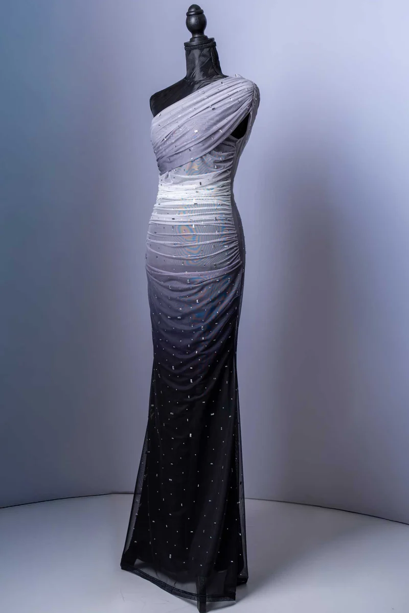 Elegantes Abendkleid | One-Shoulder-Design | Farbverlauf Grau-Schwarz