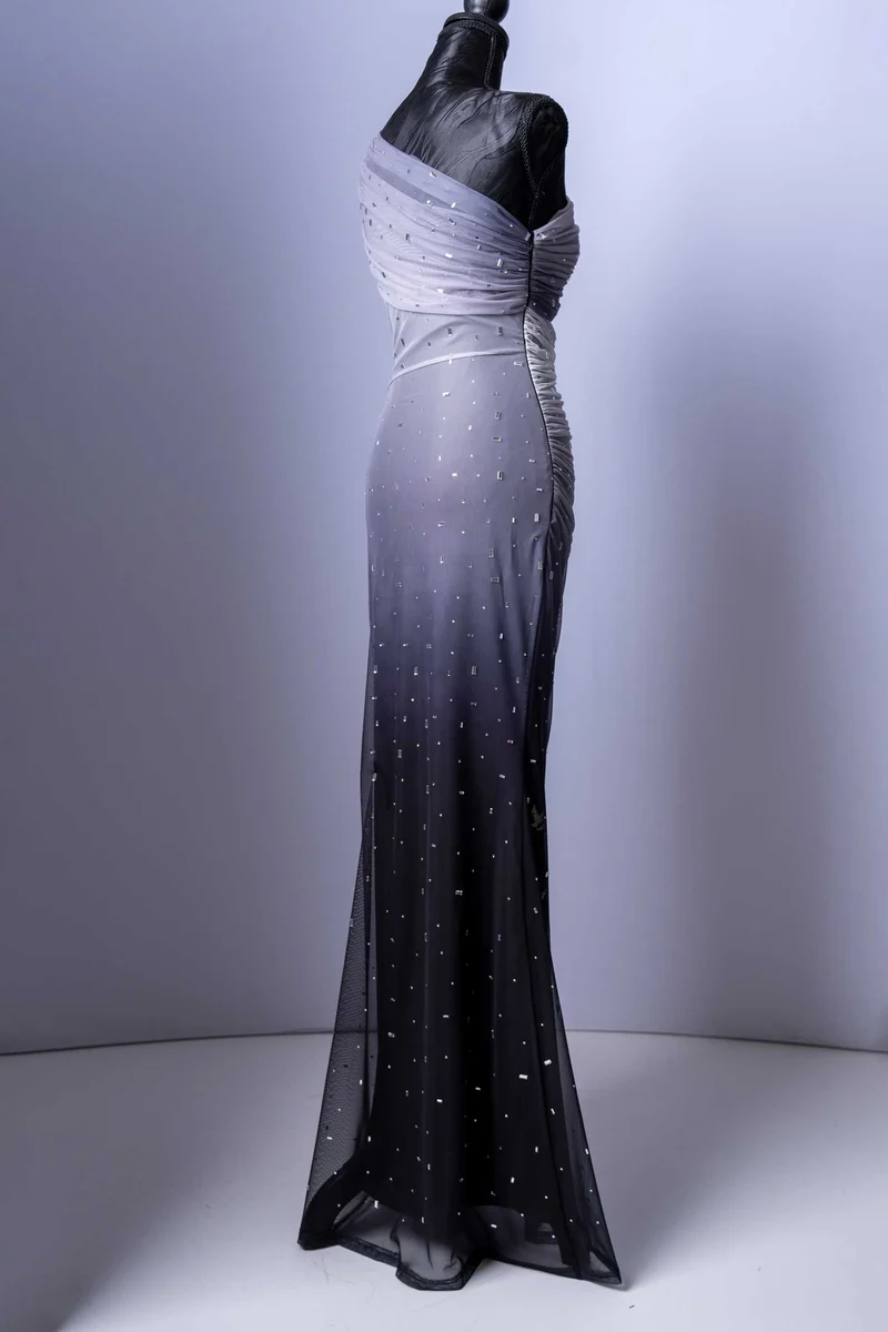 Elegantes Abendkleid | One-Shoulder-Design | Farbverlauf Grau-Schwarz
