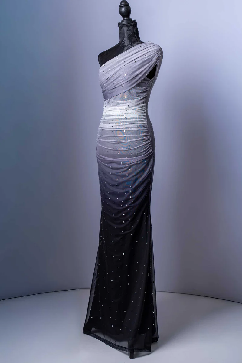 Elegantes Abendkleid | One-Shoulder-Design | Farbverlauf Grau-Schwarz