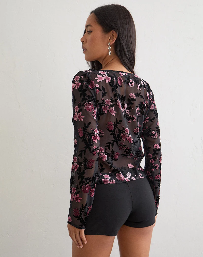 Sukuri-Strickjacke in Devore-Blumenmuster, schwarz