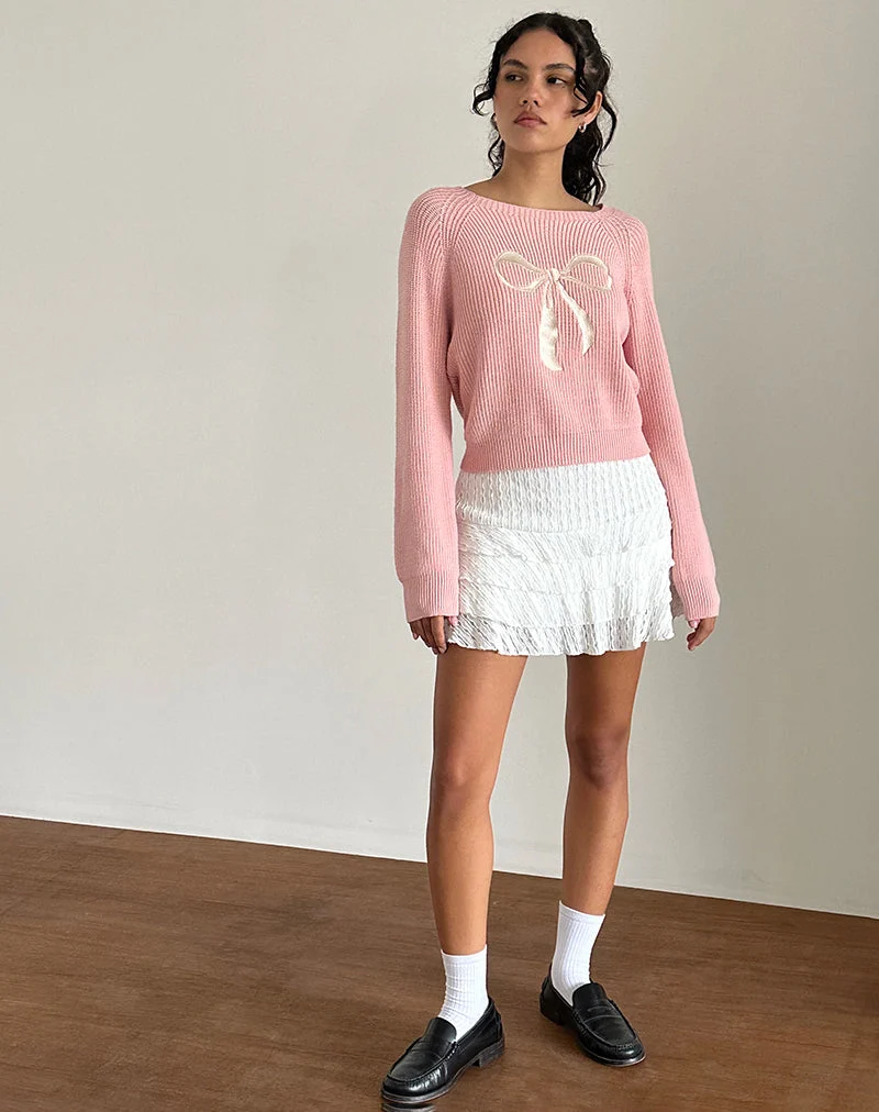 Tami Pullover aus rosa Strick mit weißer Schleifenstickerei