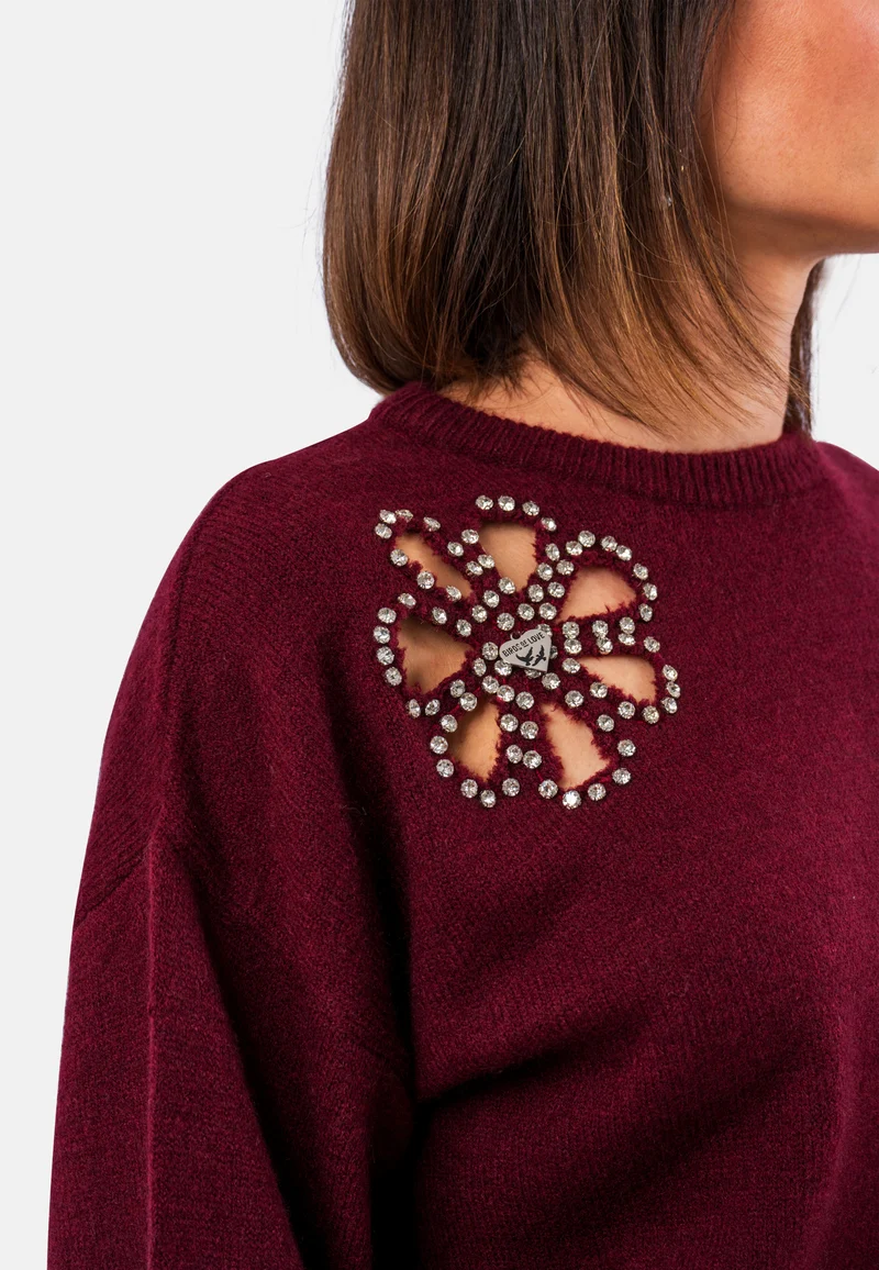 Rundhals-Pullover in Burgund mit Strass-Applikation
