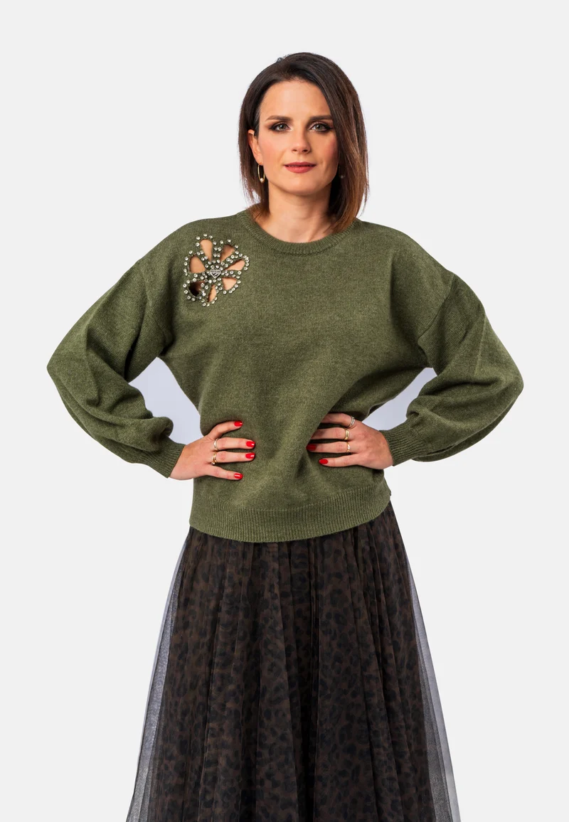 Rundhals-Pullover in Burgund mit Strass-Applikation