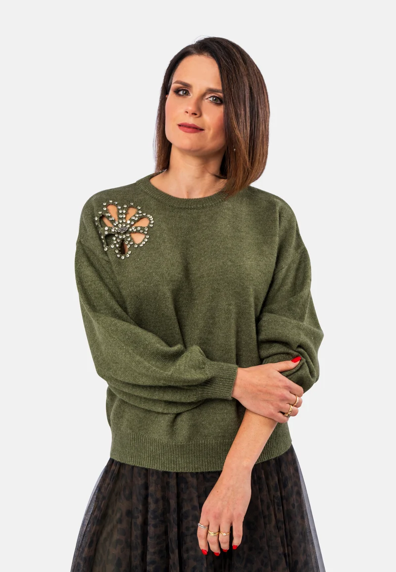 Rundhals-Pullover in Burgund mit Strass-Applikation