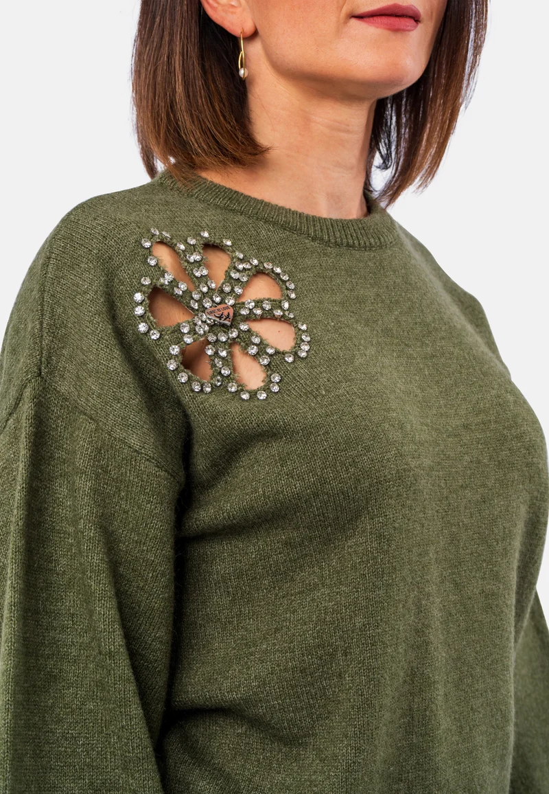 Rundhals-Pullover in Burgund mit Strass-Applikation