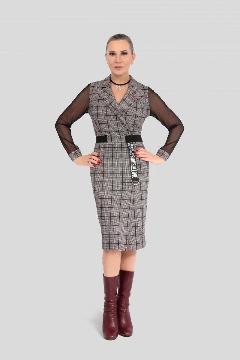 Plaid Wickelkleid – Kariertes Business-Kleid aus Wolle mit Gürtel