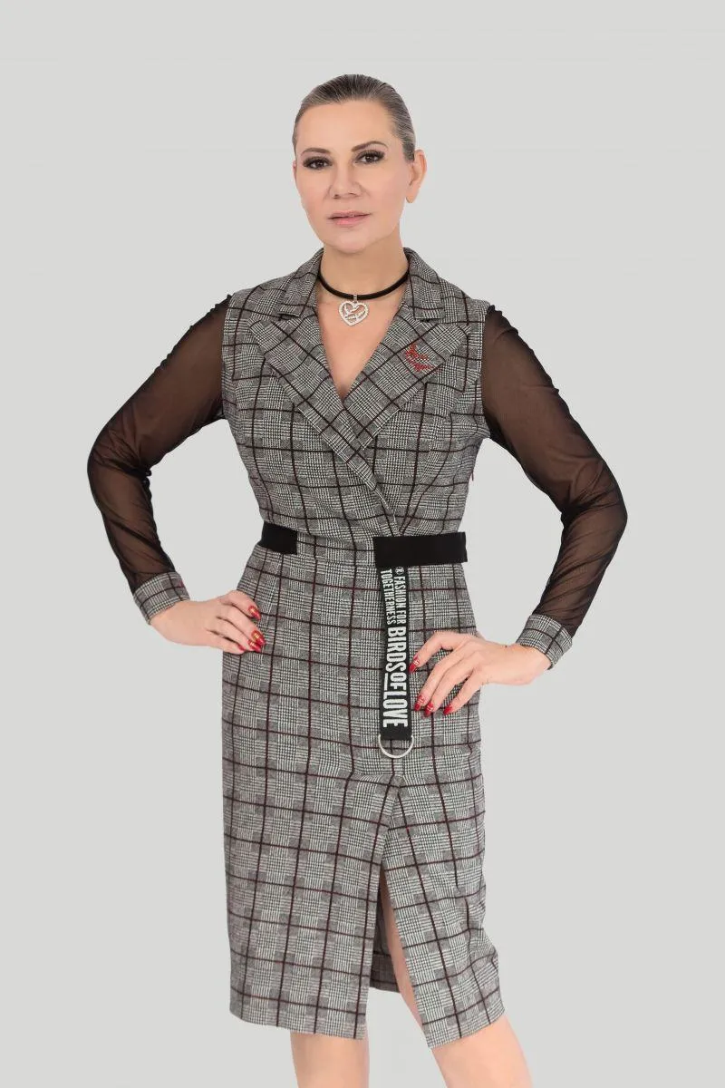 Plaid Wickelkleid – Kariertes Business-Kleid aus Wolle mit Gürtel
