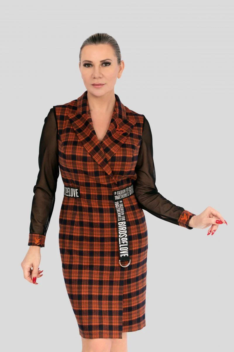 Plaid Mini-Kleid aus Wolle – Kurzes Westenkleid mit transparenten Ärmeln