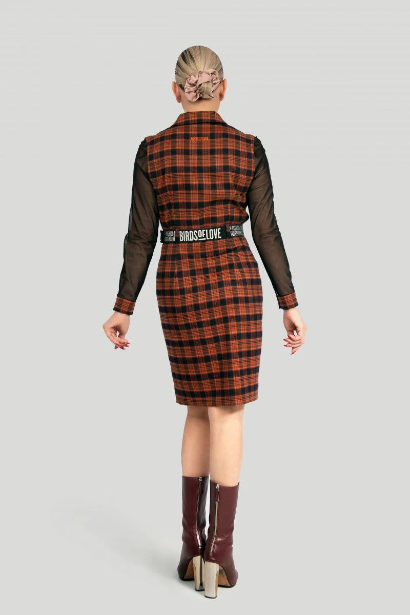 Plaid Mini-Kleid aus Wolle – Kurzes Westenkleid mit transparenten Ärmeln