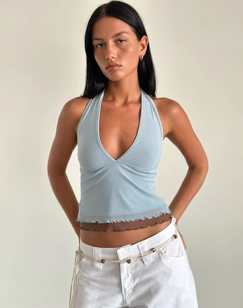 Kubra Neckholder Top aus Mesh Hellblau und Braun