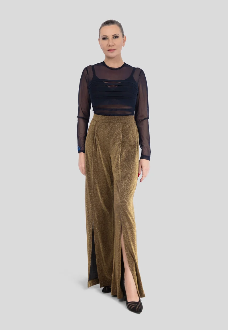 Goldene Hose mit weitem Bein – Elegante Stoffhose für Damen