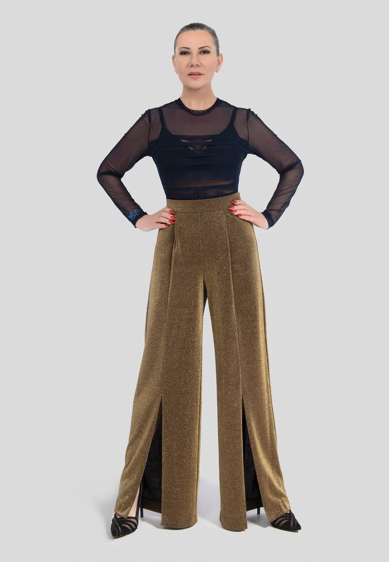 Goldene Hose mit weitem Bein – Elegante Stoffhose für Damen