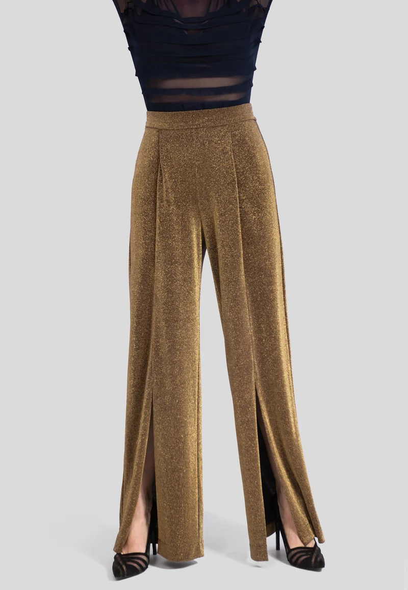 Goldene Hose mit weitem Bein – Elegante Stoffhose für Damen