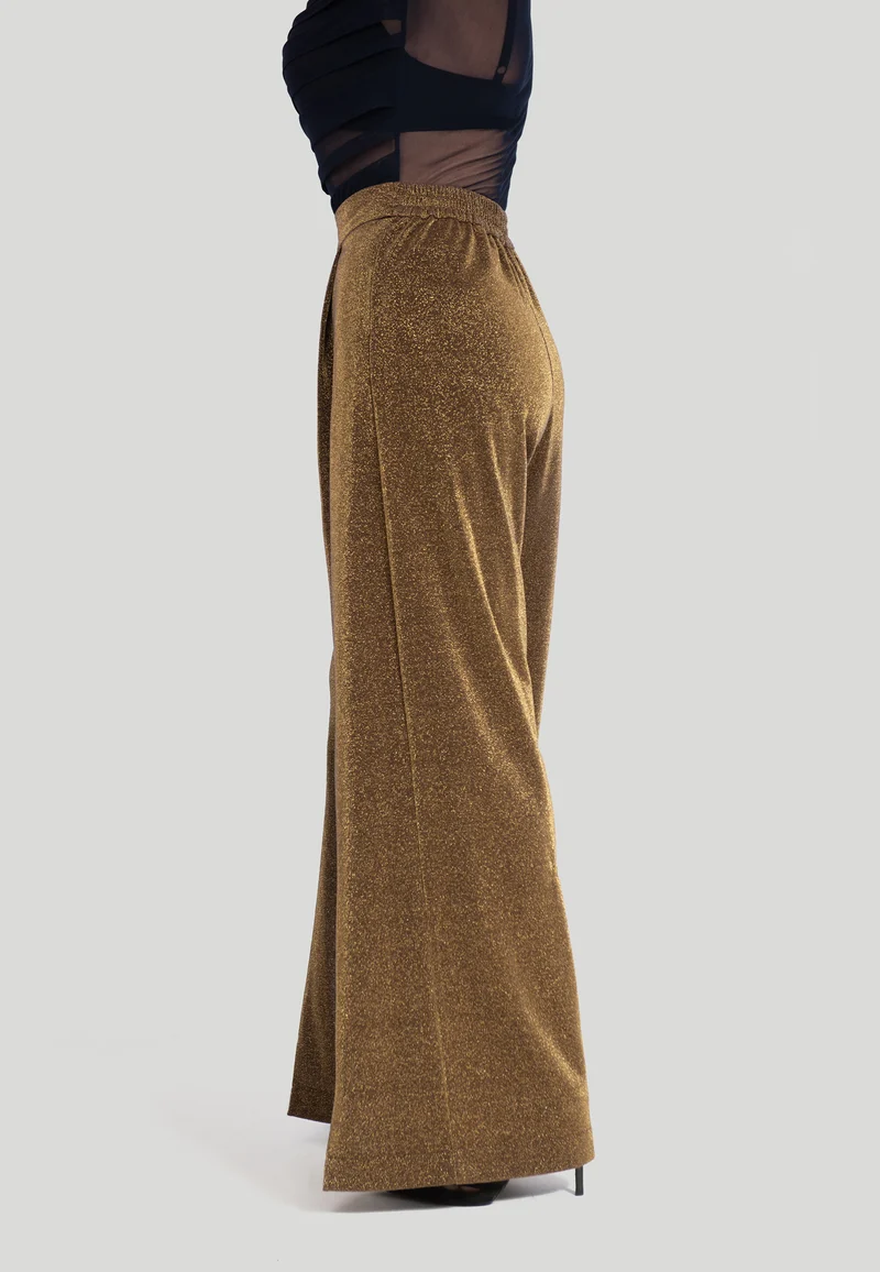 Goldene Hose mit weitem Bein – Elegante Stoffhose für Damen