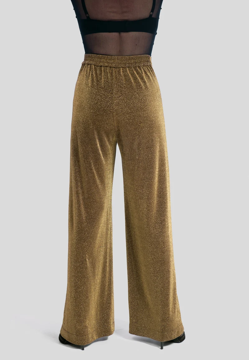 Goldene Hose mit weitem Bein – Elegante Stoffhose für Damen