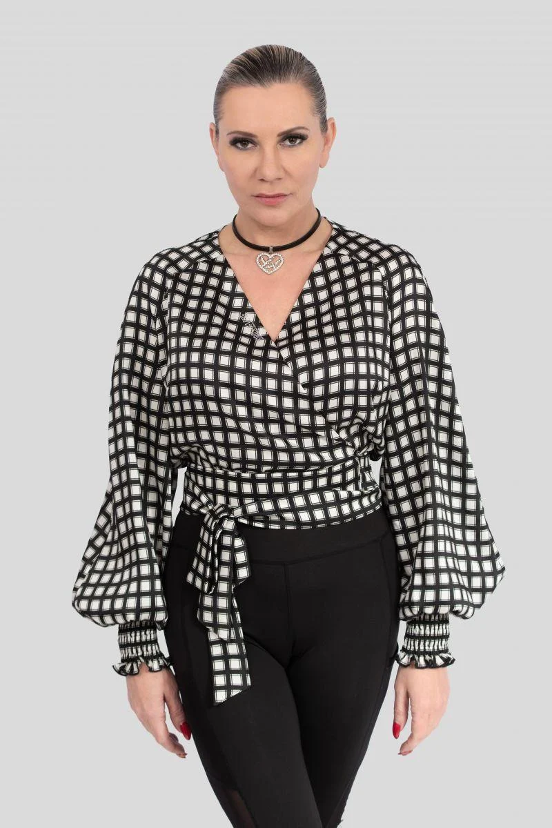Karierte Bluse im Wickel-Look – Elegante Langarmbluse mit Cache-Cœur-Ausschnitt