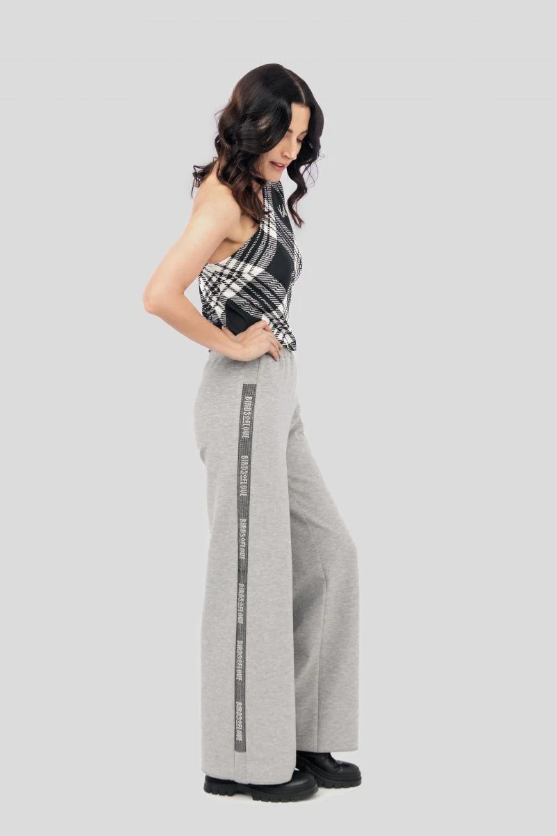 Elegante Soft Stoffhose mit weitem Bein & Strass-Streifen | Bequeme Wide Leg Hose