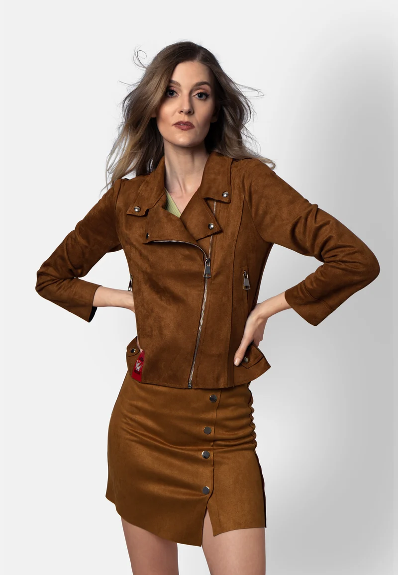 Romy – Kurzjacke aus veganem Wildleder in Kupferbraun