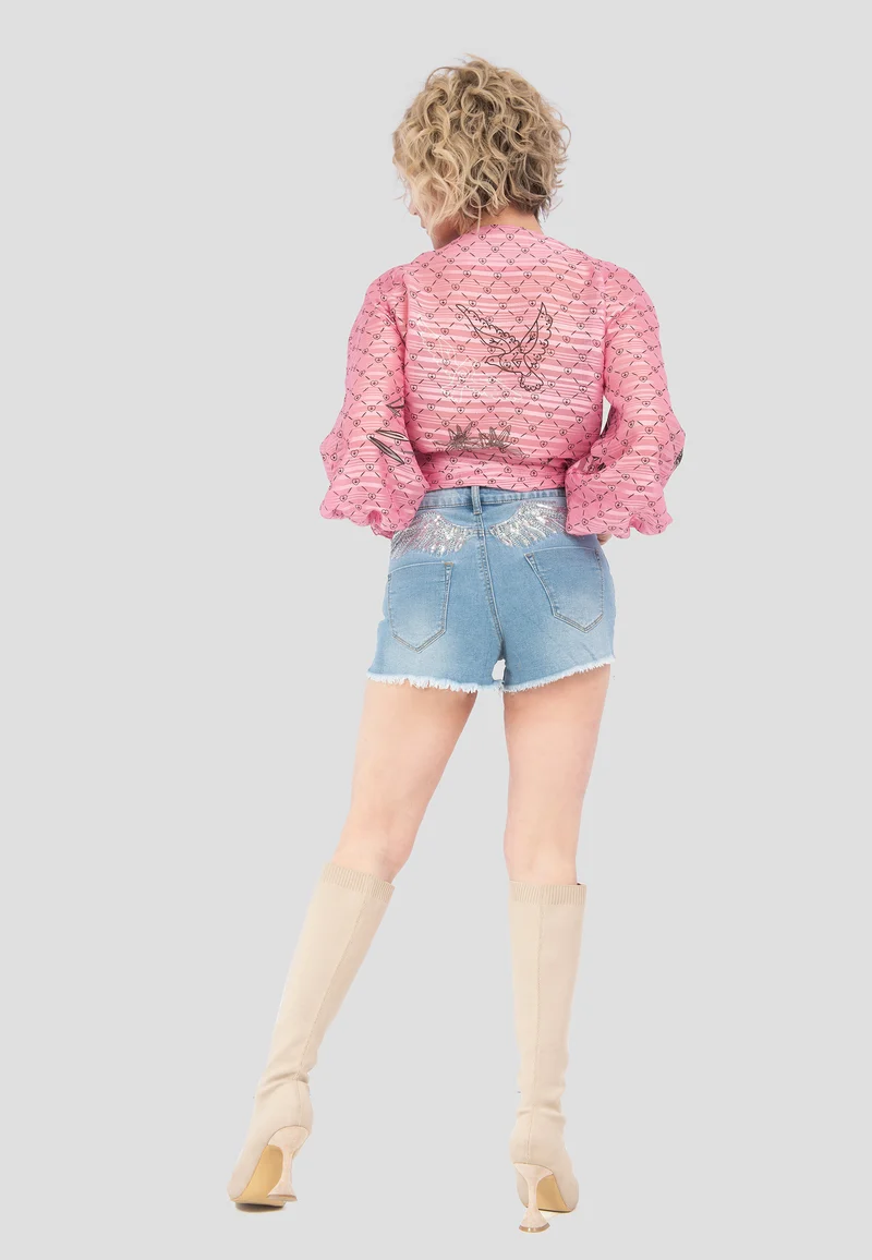 Stretch Denim Shorts mit Strassflügeln - High-Waist Jeansshorts für Damen