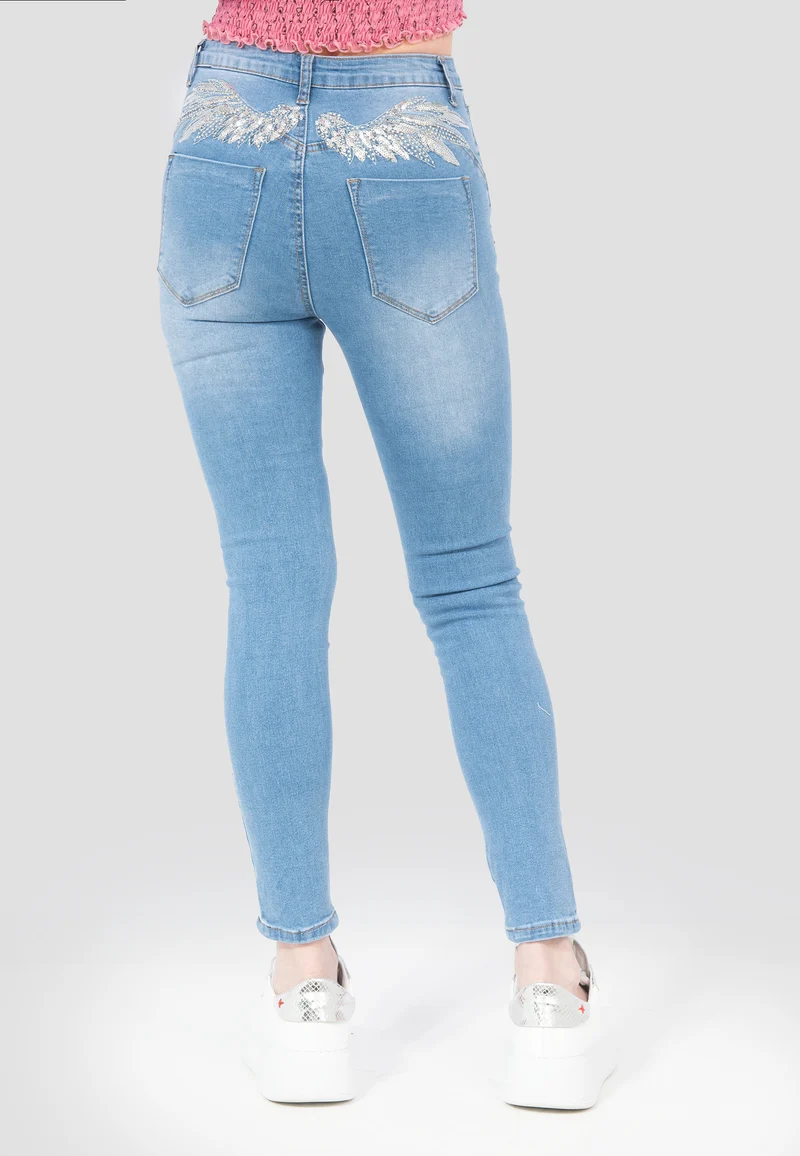 Skinny Stretch Jeans mit Strassflügeln – High-Waist Jeans für Damen