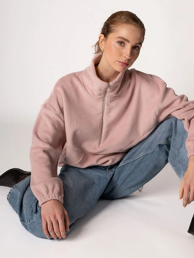 Half-Zip FRIDA – weicher Baumwoll-Fleecepullover in Dusty Pink