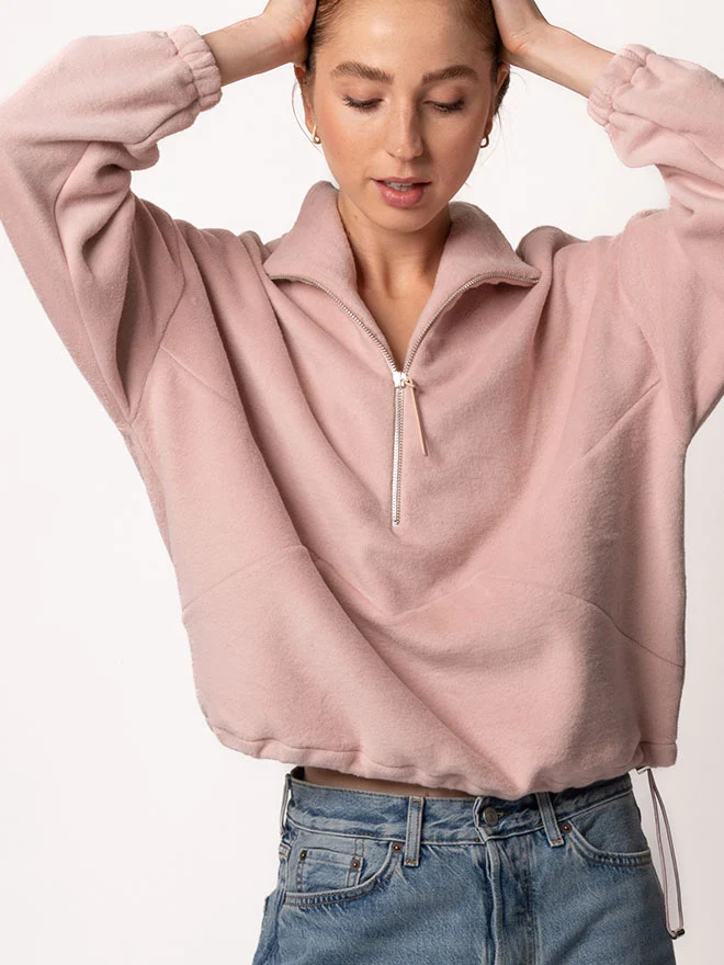 Half-Zip FRIDA – weicher Baumwoll-Fleecepullover in Dusty Pink