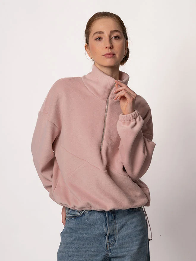 Half-Zip FRIDA – weicher Baumwoll-Fleecepullover in Dusty Pink