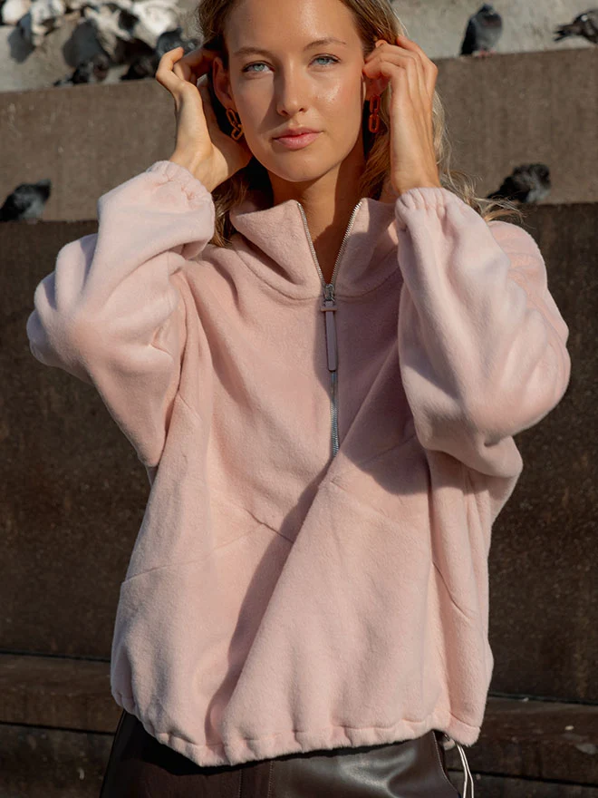 Half-Zip FRIDA – weicher Baumwoll-Fleecepullover in Dusty Pink