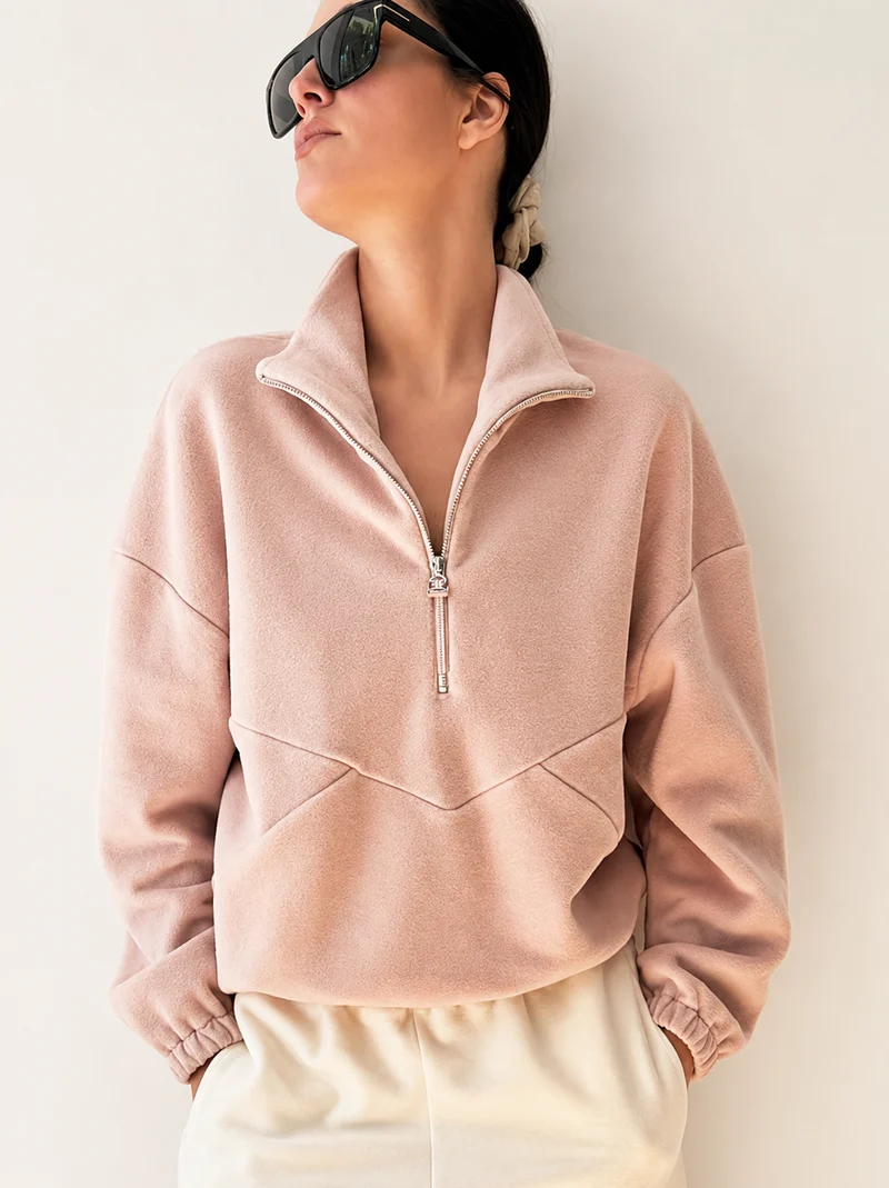 Half-Zip FRIDA – weicher Baumwoll-Fleecepullover in Dusty Pink