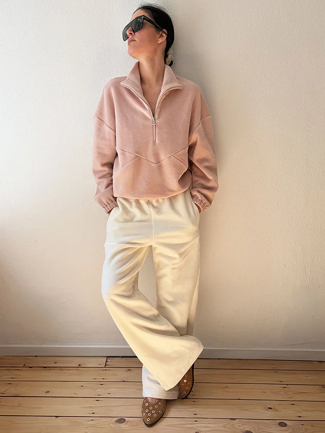 Half-Zip FRIDA – weicher Baumwoll-Fleecepullover in Dusty Pink