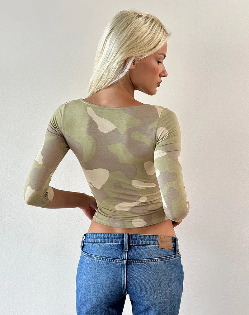 Ciel Deep-V-Top mit Viertelärmeln in Blurry Camo Khaki