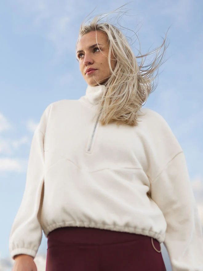 Half-Zip FRIDA – superweicher Baumwoll-Fleecepulli in Ecru