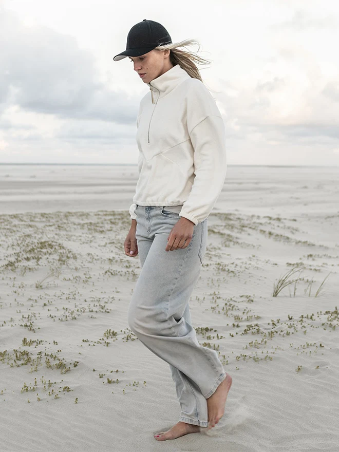 Half-Zip FRIDA – superweicher Baumwoll-Fleecepulli in Ecru