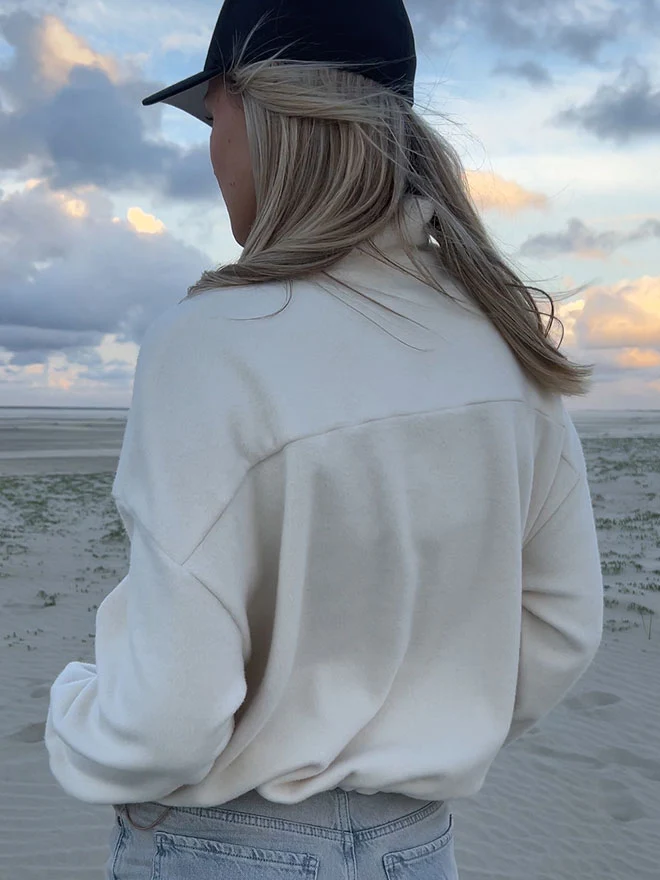 Half-Zip FRIDA – superweicher Baumwoll-Fleecepulli in Ecru