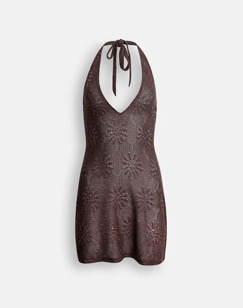 Malvara Mini-Kleid mit Neckholder-Ausschnitt aus braunem Pailletten-Strick