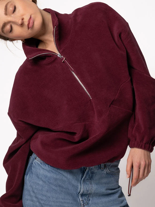 Half-Zip FRIDA – weicher Baumwoll-Fleecepullover in Bordeaux