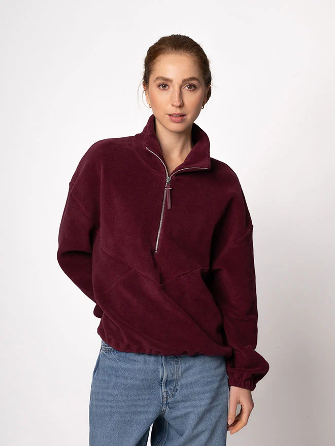 Half-Zip FRIDA – weicher Baumwoll-Fleecepullover in Bordeaux