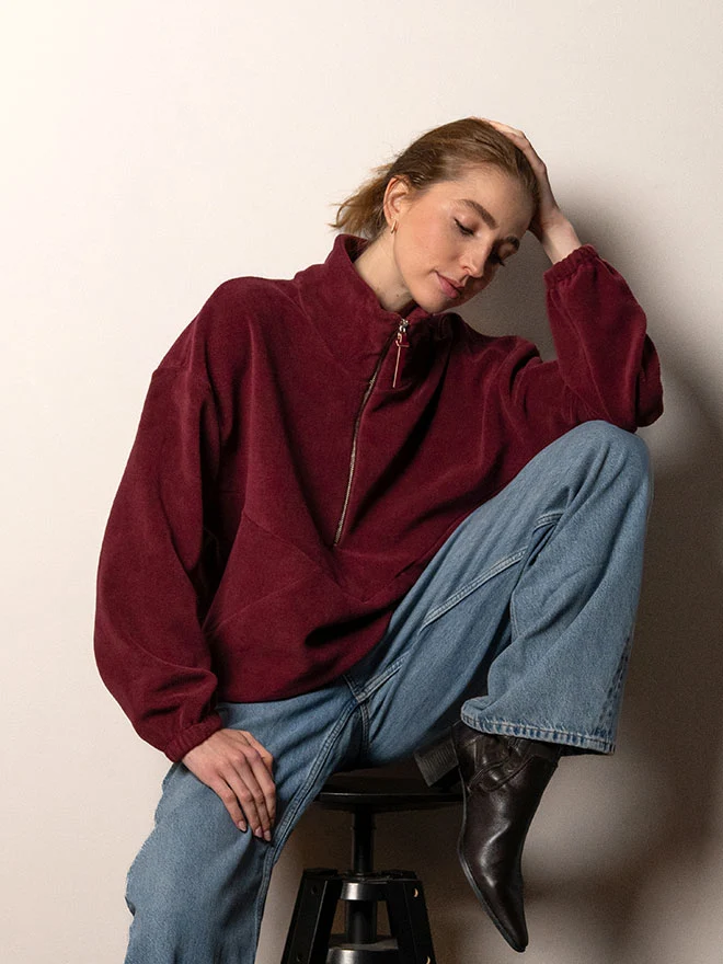 Half-Zip FRIDA – weicher Baumwoll-Fleecepullover in Bordeaux