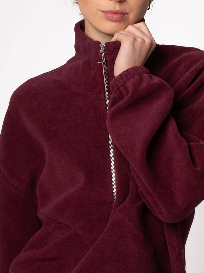 Half-Zip FRIDA – weicher Baumwoll-Fleecepullover in Bordeaux