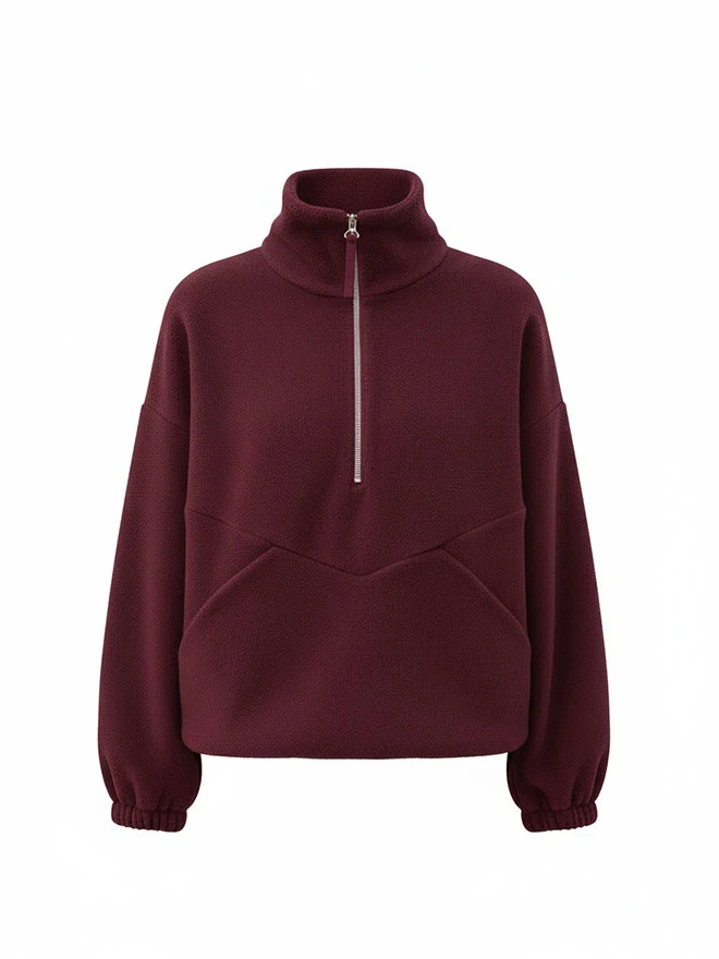 Half-Zip FRIDA – weicher Baumwoll-Fleecepullover in Bordeaux