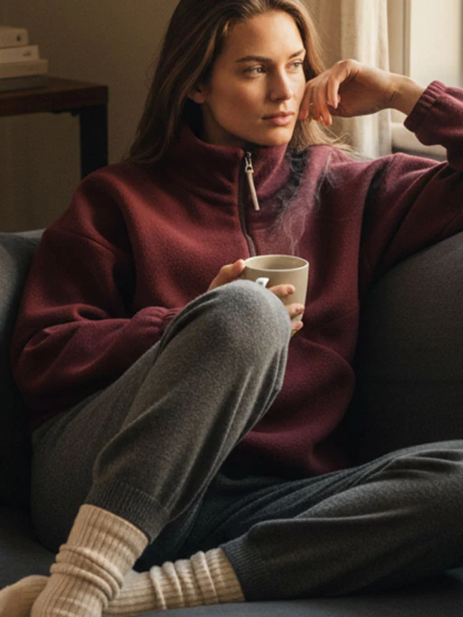 Half-Zip FRIDA – weicher Baumwoll-Fleecepullover in Bordeaux
