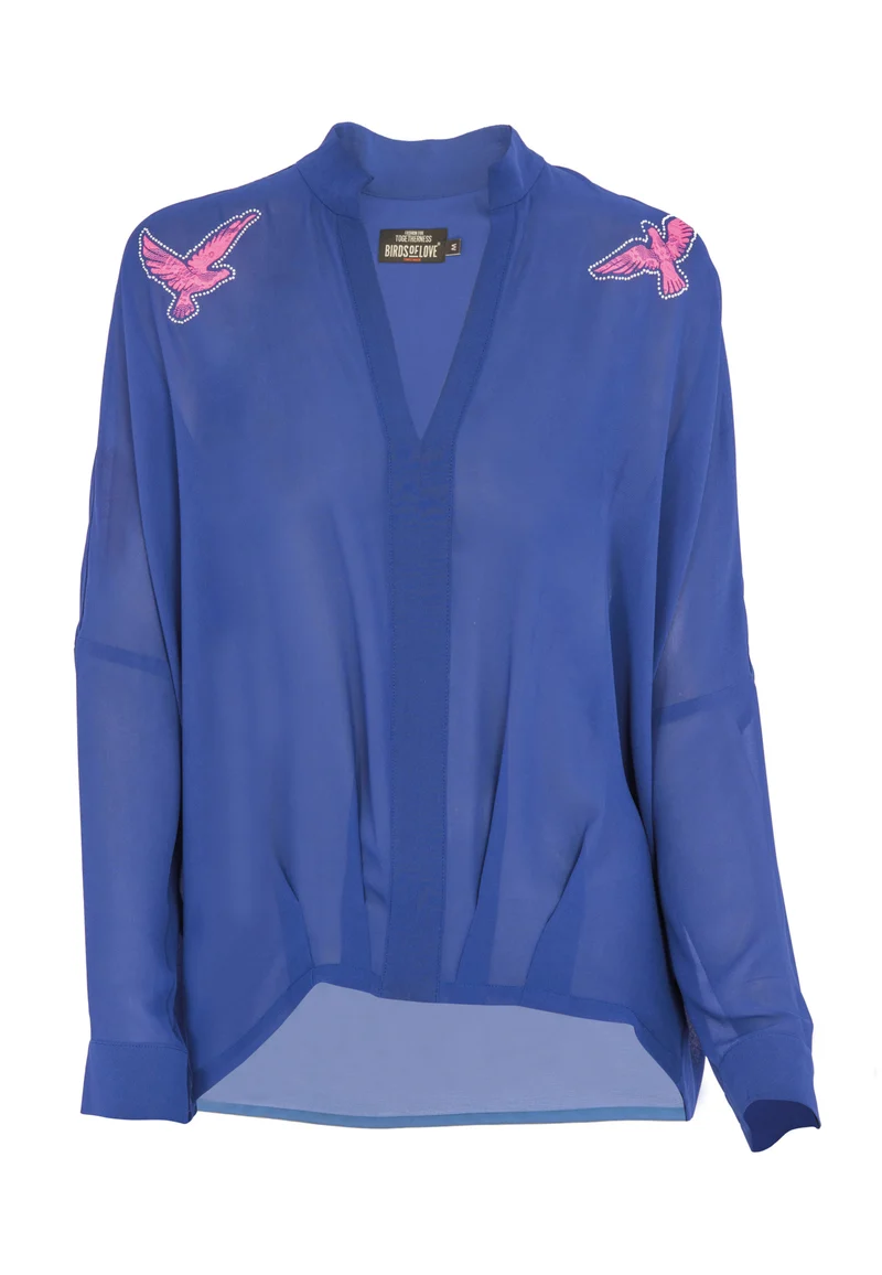 Elegante Chiffon Bluse mit transparenten Ärmeln und glitzernden Vögeln | Festliches Oberteil