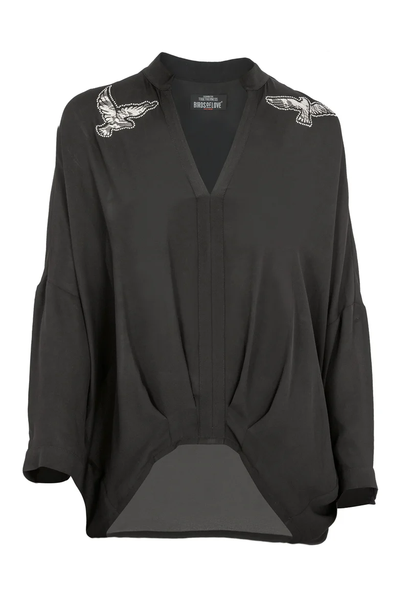 Elegante Chiffon Bluse mit transparenten Ärmeln und glitzernden Vögeln | Festliches Oberteil