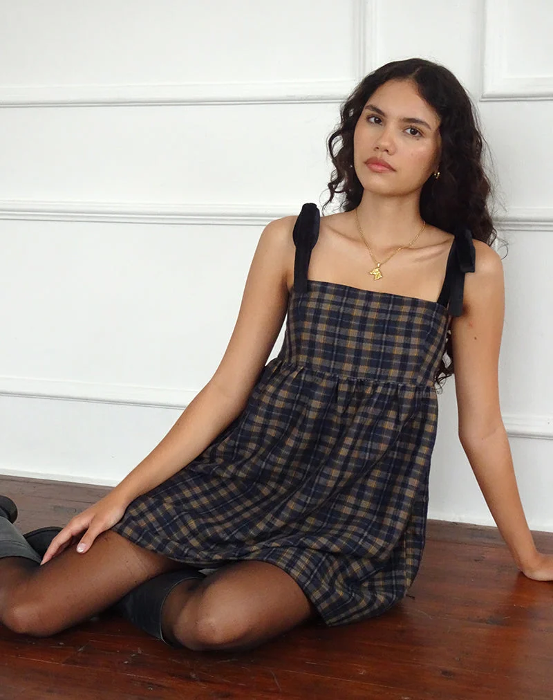 Mikayla Minikleid mit quadratischem Ausschnitt in Navy und Senfkaro