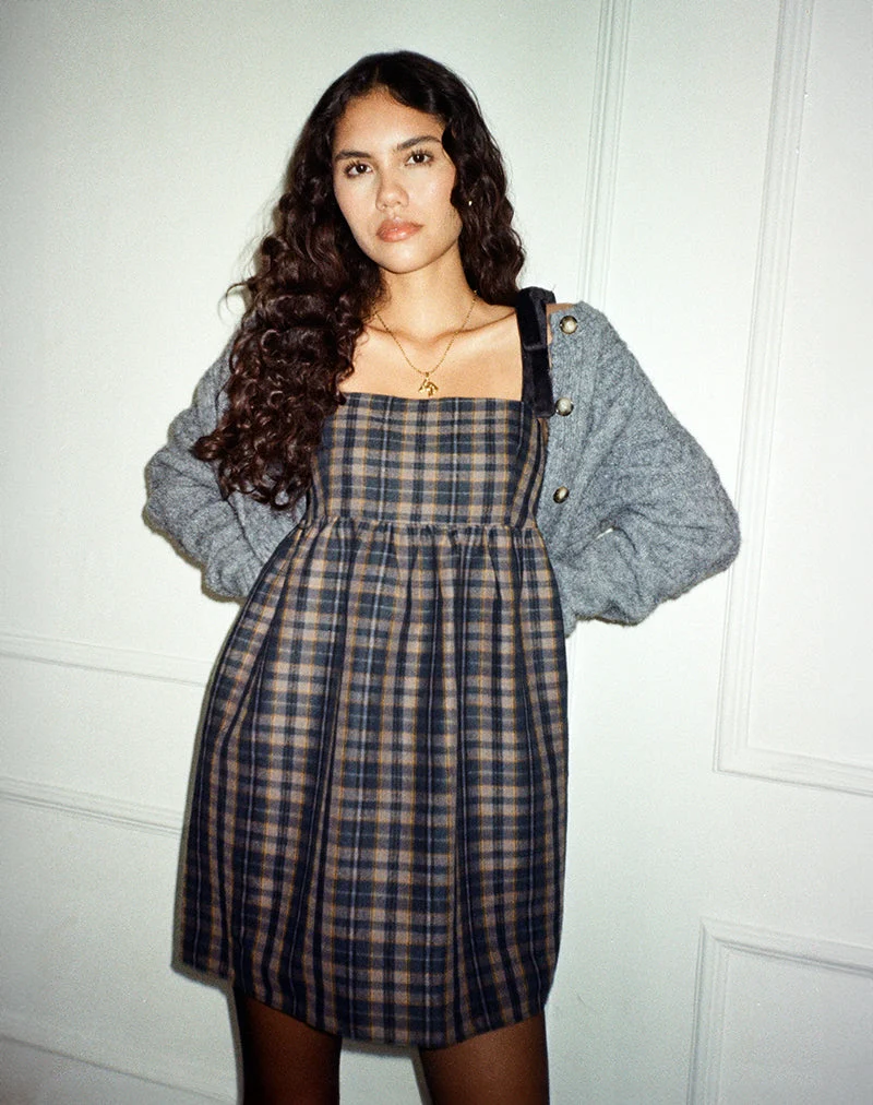 Mikayla Minikleid mit quadratischem Ausschnitt in Navy und Senfkaro